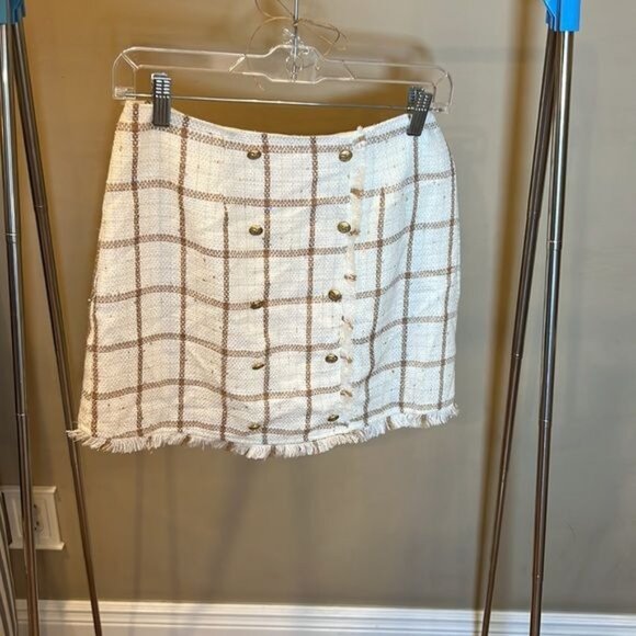 Leyden Monroe Plaid Printed MiniSkirt Size Small Ivory Tan Checked Academia NWT - Picture 2 of 14